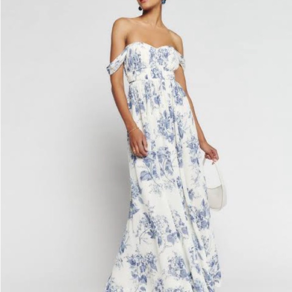 Reformation Strapless White and Blue Floral Dress